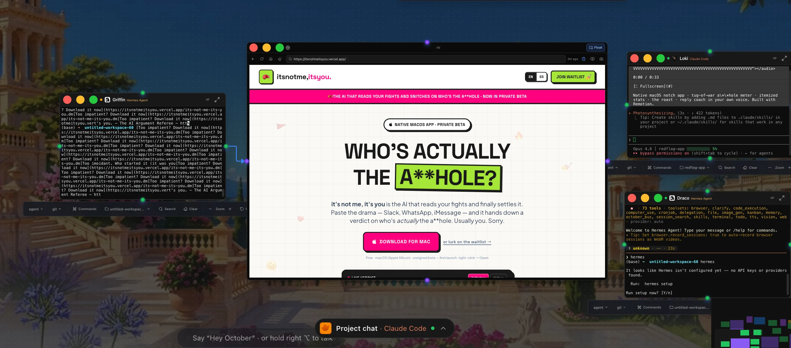 A live application preview open beside the agents working on it in October