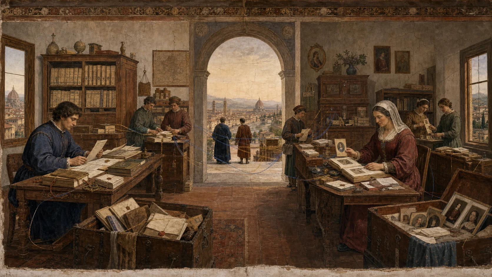 A family coordinating paperwork together in a shared workshop
