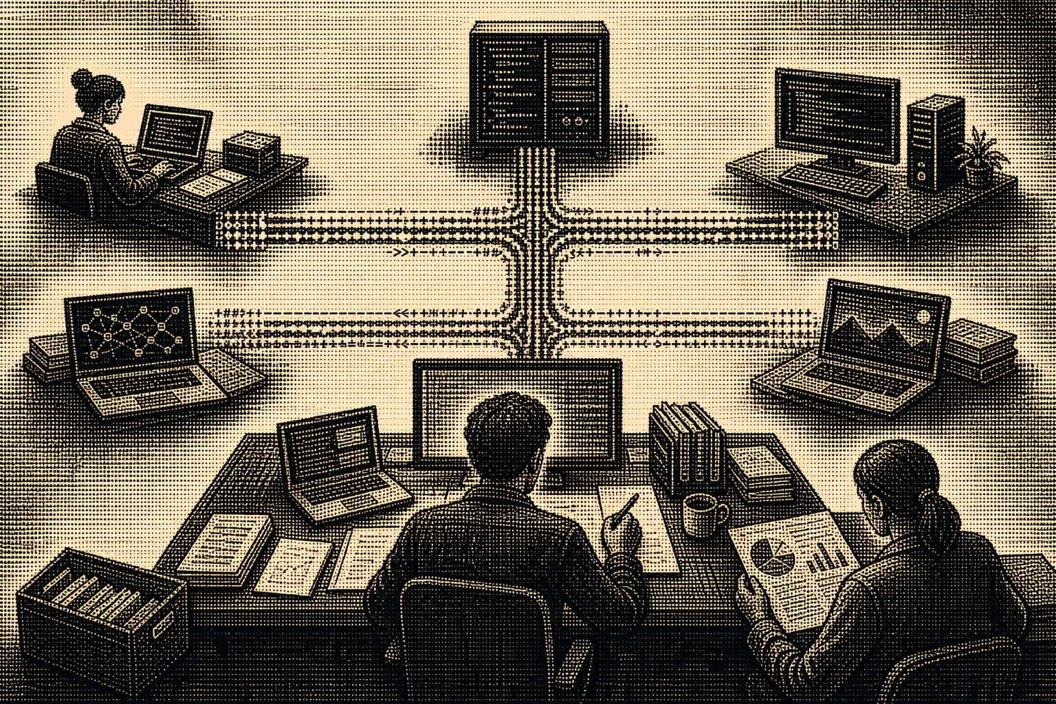 Two people coordinating files, agents, and a remote machine through October
