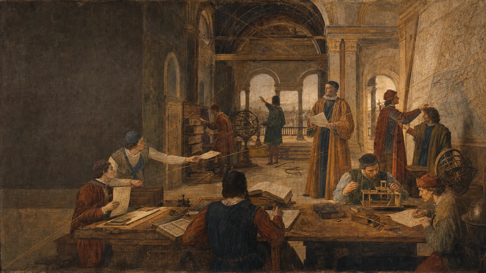 A human operator supervising several active agents in a shared technical workshop